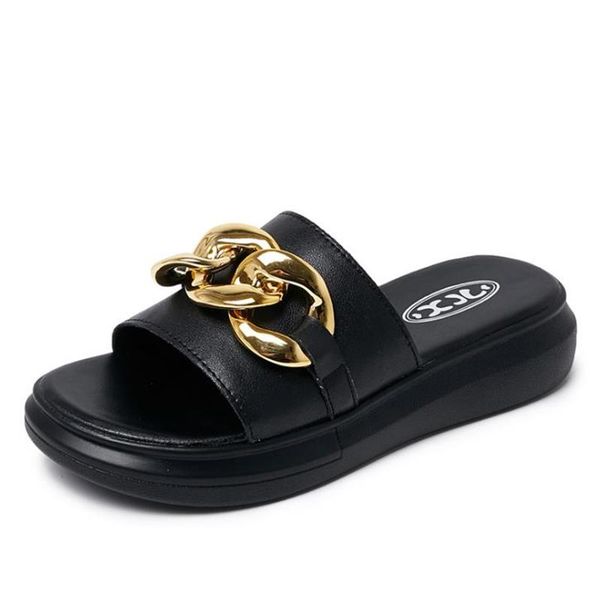 slippers summer shoes women genuine leather ladies sandals gold chain slides open toe flat platform beach flip flops, Black
slippers summer shoes women genuine leather ladies sandals gold chain slides open toe flat platform beach flip flops, Black