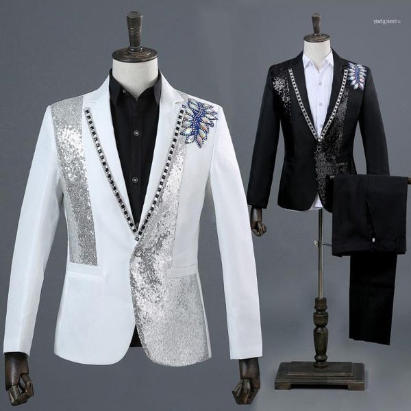 men's suits & blazers men sequins inlaid crystal stage show singer suit jacket wedding mens fashion masculino slim fit costumes dt14931, White;black
men's suits & blazers men sequins inlaid crystal stage show singer suit jacket wedding mens fashion masculino slim fit costumes dt14931, White;black