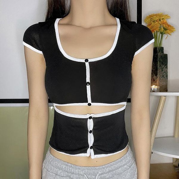 ins european and american style 2021 spring summer women's fashion slim contrast color hollow stitching navel t-shirt, White
ins european and american style 2021 spring summer women's fashion slim contrast color hollow stitching navel t-shirt, White