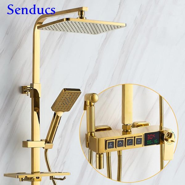 gold bathroom shower set luxury digital system of 12 inch rainfall head thermostatic sets
gold bathroom shower set luxury digital system of 12 inch rainfall head thermostatic sets