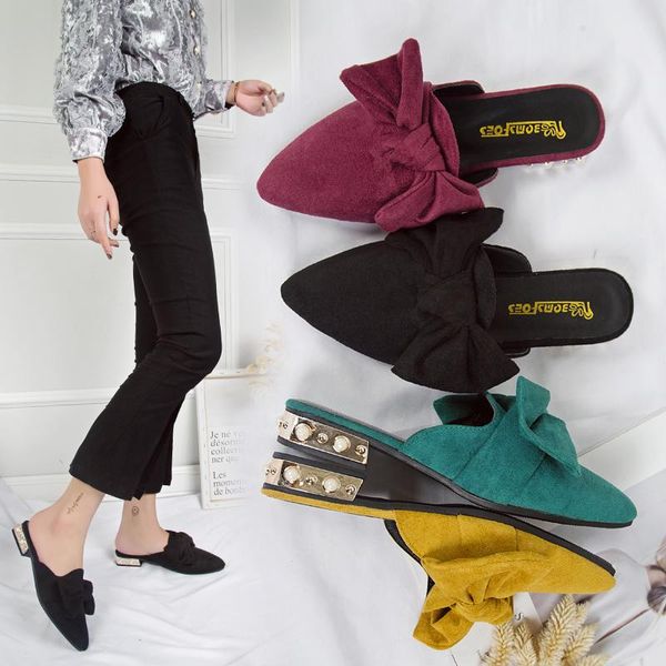 flat bottomed pointed slippers bow tie heel baotou wear half drag european and american fashion muller lazy shoes, Black
flat bottomed pointed slippers bow tie heel baotou wear half drag european and american fashion muller lazy shoes, Black