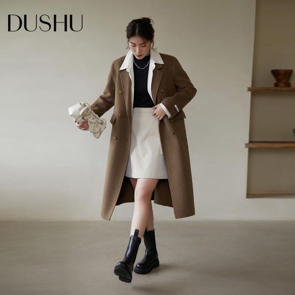 women's wool & blends dushu women double breasted coat suit collar straight double-breasted vintage thin long woolen winter coats for, Black
women's wool & blends dushu women double breasted coat suit collar straight double-breasted vintage thin long woolen winter coats for, Black