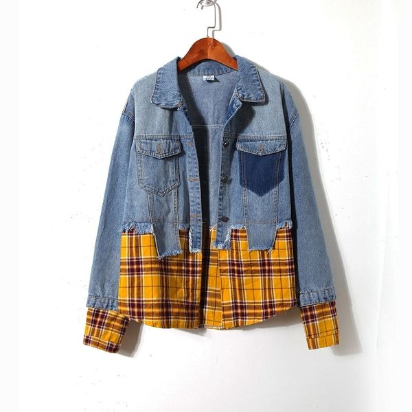 women denim jacket blue loose oversize yellow plaid patchwork c0098 210514, Black;brown
women denim jacket blue loose oversize yellow plaid patchwork c0098 210514, Black;brown