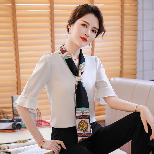 women's blouses & shirts sleeve chiffon short shirt summer design sense drooping horn foreign professional, White
women's blouses & shirts sleeve chiffon short shirt summer design sense drooping horn foreign professional, White