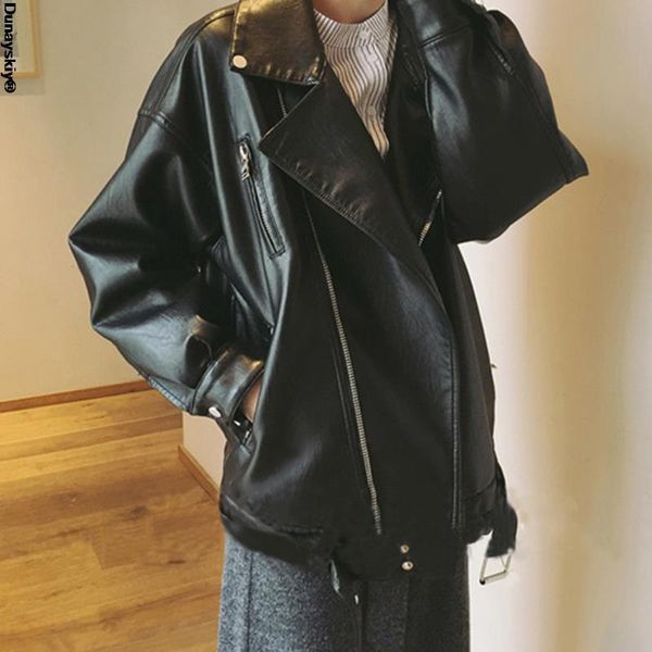 women's leather & faux jacket women casual pu loose motorcycle jackets female streetwear oversized coat korean chic spring, Black
women's leather & faux jacket women casual pu loose motorcycle jackets female streetwear oversized coat korean chic spring, Black