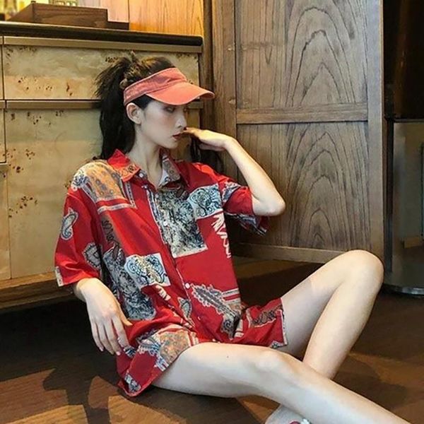 women vintage cartoon floral print shirt summer female lapel loose single-breasted short sleeve blouse women's blouses & shirts, White 
women vintage cartoon floral print shirt summer female lapel loose single-breasted short sleeve blouse women's blouses & shirts, White
