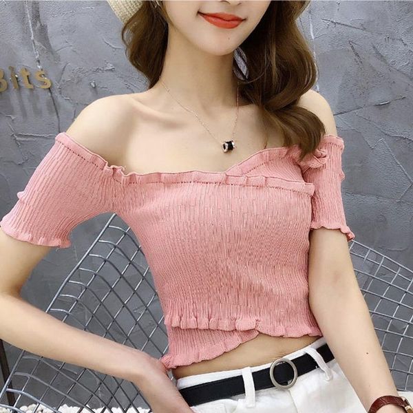 women's t-shirt women slash neck short sleeve knitted ruffles off-shoulder elegant, White
women's t-shirt women slash neck short sleeve knitted ruffles off-shoulder elegant, White