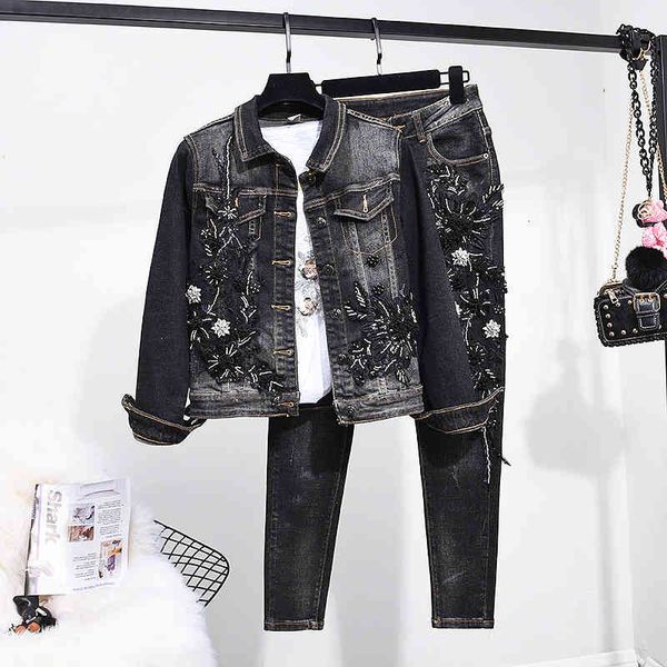 pant fashion black jeans suit female beading embroidery flower short jacket long pants set plus size loose women denim outfits, White
pant fashion black jeans suit female beading embroidery flower short jacket long pants set plus size loose women denim outfits, White