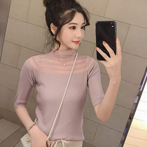 women turtleneck t shirt female casual perspective t-shirt fashion knitted hollow out patchwork tees women's, White
women turtleneck t shirt female casual perspective t-shirt fashion knitted hollow out patchwork tees women's, White