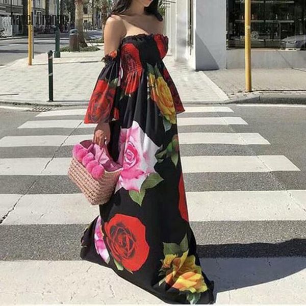 casual dresses summer women slash neck patchwork long party dress full sleeve strapless printing ladies fashion elegant streetwear, Black;gray 
casual dresses summer women slash neck patchwork long party dress full sleeve strapless printing ladies fashion elegant streetwear, Black;gray