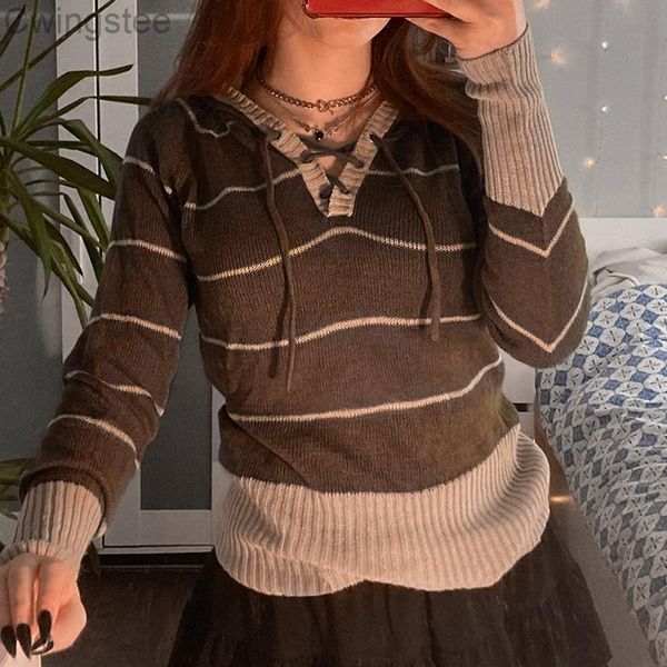 women's sweaters retro striped print chic y2k knit pullovers harajuku fashion hooded casual lace-up vintage grunge jumpers, White;black
women's sweaters retro striped print chic y2k knit pullovers harajuku fashion hooded casual lace-up vintage grunge jumpers, White;black