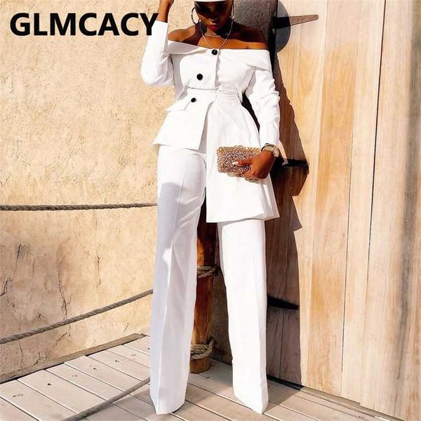 two piece elegant work suits off shoulder blazer & regular pants set 211105, White 
two piece elegant work suits off shoulder blazer & regular pants set 211105, White