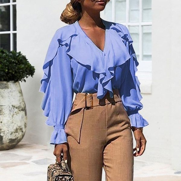 women's blouses & shirts elegant spring summer chiffon ruffled v-neck blouse loose pleated ol single-breasted long lantern sleeve crop, White
women's blouses & shirts elegant spring summer chiffon ruffled v-neck blouse loose pleated ol single-breasted long lantern sleeve crop, White