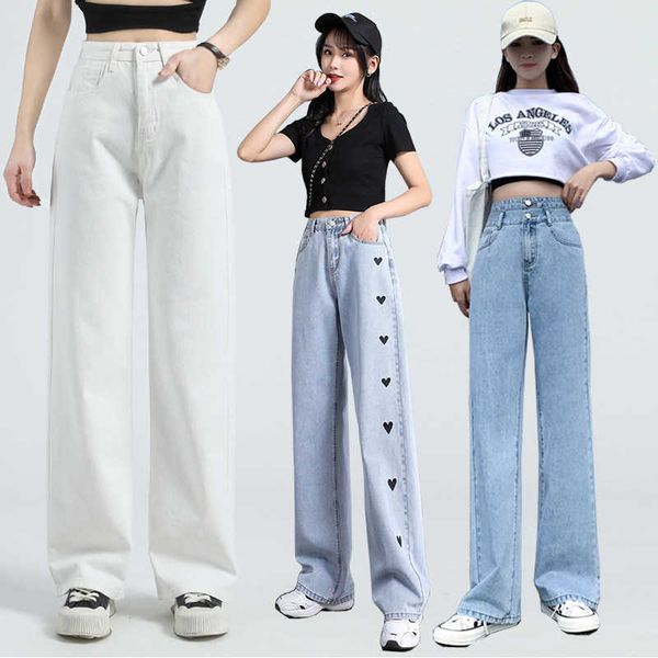 leg jeans wide women's white high waisted loose size straight pants, Blue