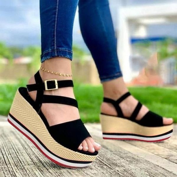 women's sandals vintage wedge shoes woman buckle strap straw thick bottom flats platform flock female summer dress, Black
women's sandals vintage wedge shoes woman buckle strap straw thick bottom flats platform flock female summer dress, Black