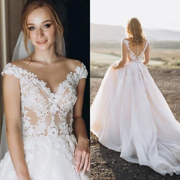 2022 vintage v neck tulle lace wedding gowns covered button sweep train bridal dresses a line, White
2022 vintage v neck tulle lace wedding gowns covered button sweep train bridal dresses a line, White