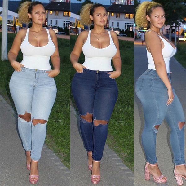 women's jeans summer -selling plus size with big holes in the knees and high stretch small feet, Blue
women's jeans summer -selling plus size with big holes in the knees and high stretch small feet, Blue