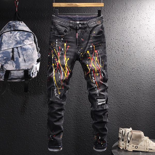 men's jeans street style fashion men black elastic slim fit ripped painted designer hip hop stretch splashed denim pants, Blue
men's jeans street style fashion men black elastic slim fit ripped painted designer hip hop stretch splashed denim pants, Blue