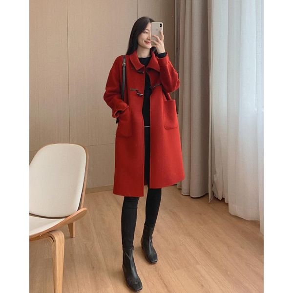 women's wool & blends dading's self-made double-sided denim coat with lapel and horn button, Black
women's wool & blends dading's self-made double-sided denim coat with lapel and horn button, Black