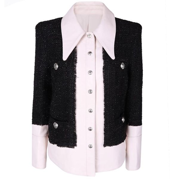 women's leather & faux yoloagain women single breasted tweed jacket ladies elegant coat, Black
women's leather & faux yoloagain women single breasted tweed jacket ladies elegant coat, Black