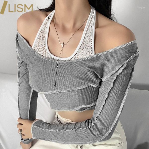 women's t-shirt lism patchwork tee shirt korean style y2k halter cropped casual long sleeve criss-cross women clothing, White
women's t-shirt lism patchwork tee shirt korean style y2k halter cropped casual long sleeve criss-cross women clothing, White