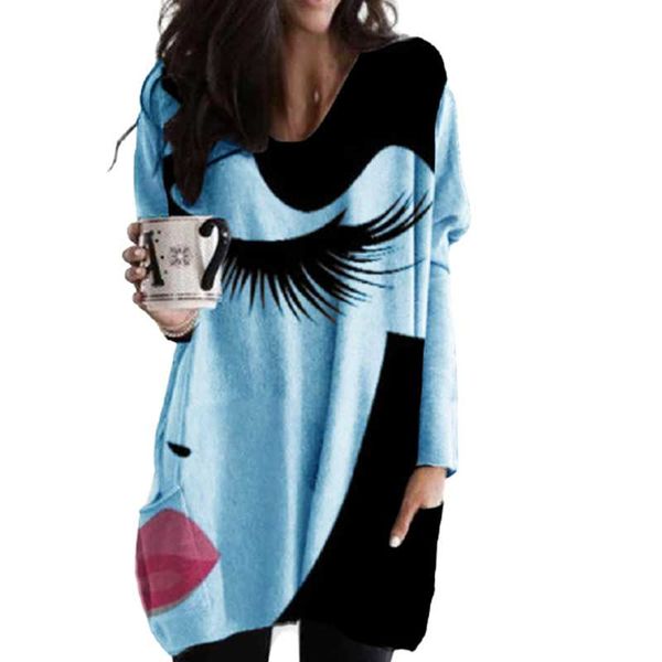 casual dresses fashion eyelashes red lips portrait print mini dress women loose v-neck long sleeve 2021 year lady party, Black;gray