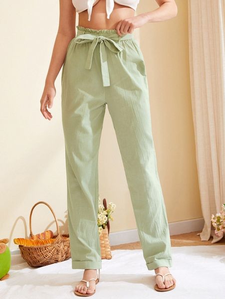 solid paperbag waist belted pants h4rm#, Black;white