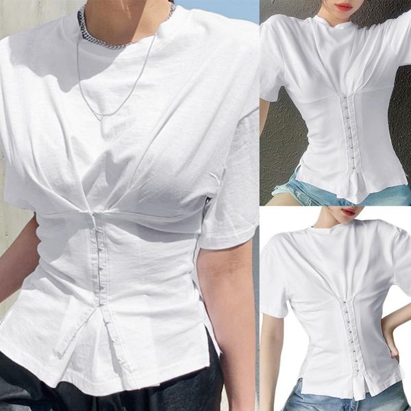 women's t-shirt commuter personality fashion breasted slim high waist loose round neck summer, White
women's t-shirt commuter personality fashion breasted slim high waist loose round neck summer, White