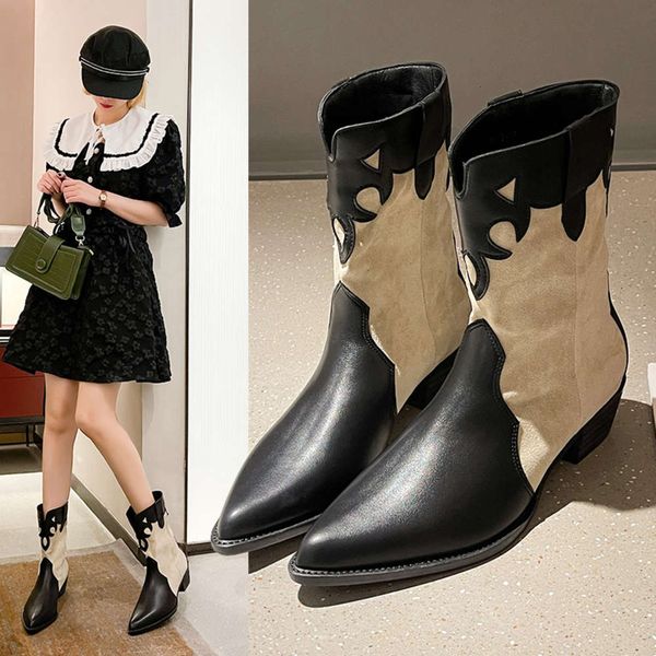 net red short tube cowboy boots women's pointed sleeve thick heel middle wtern british wind, Black
net red short tube cowboy boots women's pointed sleeve thick heel middle wtern british wind, Black