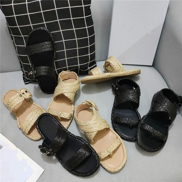 summer ladies sandals straw woven decorative round toe flat slippers shoes fashion casual, Black