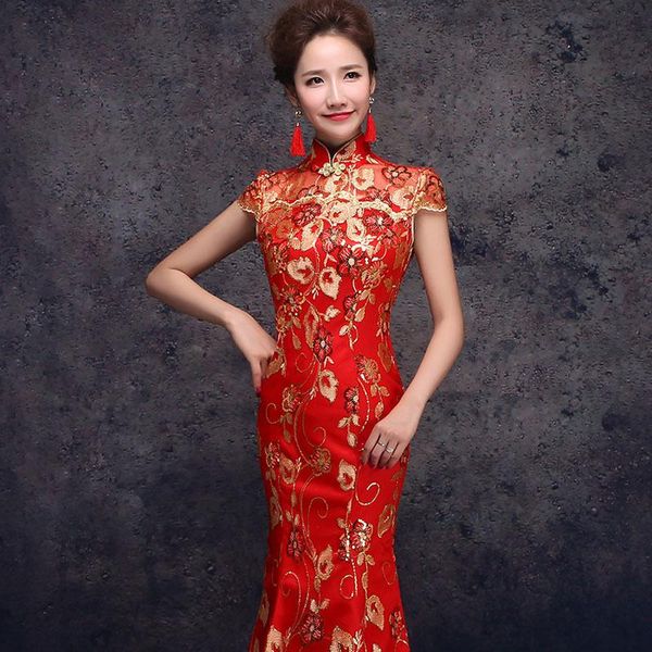ethnic clothing red and gold chinese traditional wedding long party silk luxury sequins embroidery high collar vintage cheongsams qipao
ethnic clothing red and gold chinese traditional wedding long party silk luxury sequins embroidery high collar vintage cheongsams qipao