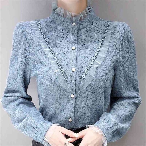 long sleeve ruffles lace women blouses mujer de moda turtleneck blue blusa e392, White
long sleeve ruffles lace women blouses mujer de moda turtleneck blue blusa e392, White