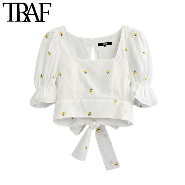 women sweet fashion floral embroidery cropped blouses vintage pull sleeve back bow tie female shirts chic 210507, White
women sweet fashion floral embroidery cropped blouses vintage pull sleeve back bow tie female shirts chic 210507, White