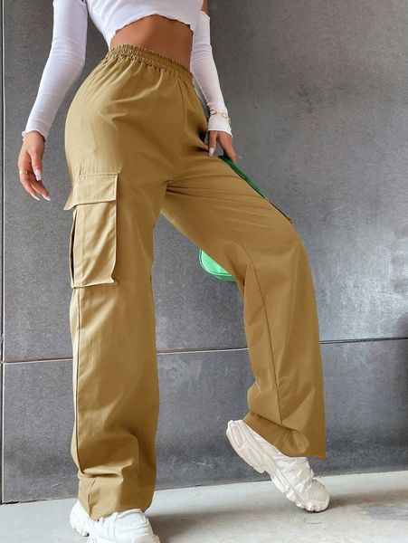 solid high waist flap pocket cargo pants 46qn#, Black;white 
solid high waist flap pocket cargo pants 46qn#, Black;white