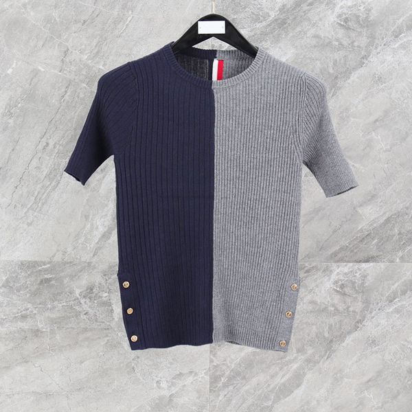 spring / summer 2019 tb round neck back color matching red, white, blue stripe gold button knitted short sleeve t-shirt women
spring / summer 2019 tb round neck back color matching red, white, blue stripe gold button knitted short sleeve t-shirt women