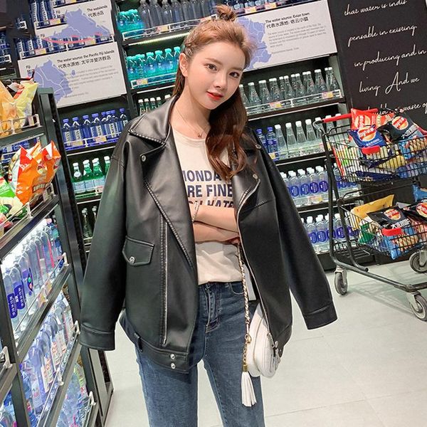 women's leather & faux female fashion loose pu jackets zipper pocket long sleeve england moto biker women winter streetwear coats, Black
women's leather & faux female fashion loose pu jackets zipper pocket long sleeve england moto biker women winter streetwear coats, Black