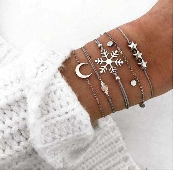 hand ornament round piece five pointed star moon hand rope bracelet five piece suit anklet, Silver 
hand ornament round piece five pointed star moon hand rope bracelet five piece suit anklet, Silver