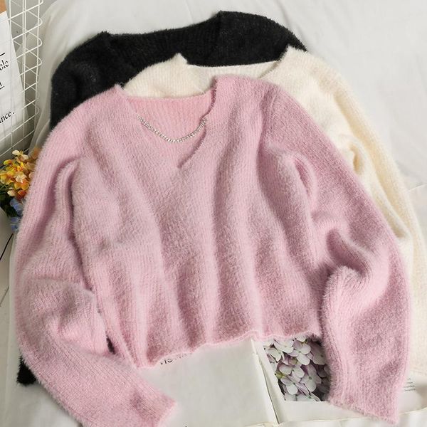 women's sweaters pull femme sweet sueters de mujer v neck long sleeve pink mohair diamond chain drop autumn korean chic, White;black 
women's sweaters pull femme sweet sueters de mujer v neck long sleeve pink mohair diamond chain drop autumn korean chic, White;black