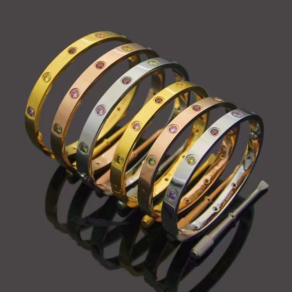 

Luxury Fashion Couple Screw Jewelry Colored Diamonds Cuff Bracelets For Women/Men Gold Color Stainless Steel Bracelets&Bangles Bijoux Gift With Free Dust bag