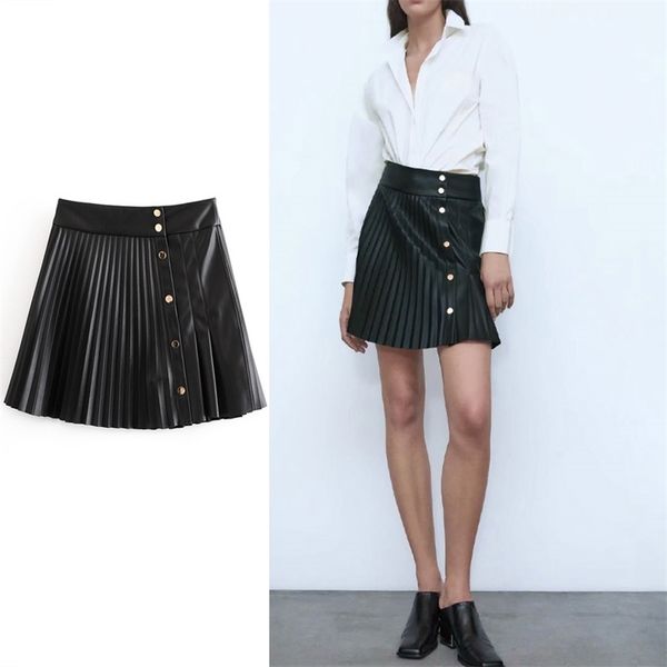 mini pleated leatherette skirt women front metal snap button s female elegant faux leather short 210524, Black
mini pleated leatherette skirt women front metal snap button s female elegant faux leather short 210524, Black