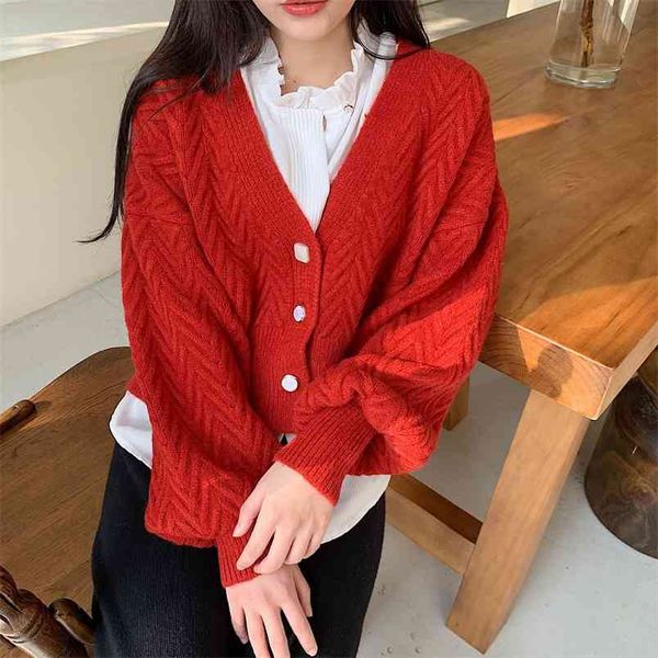 autumn and winter korean sweet lantern sleeve v-neck women's jacket cardigan thick sweater cropped 210427, White;black 
autumn and winter korean sweet lantern sleeve v-neck women's jacket cardigan thick sweater cropped 210427, White;black