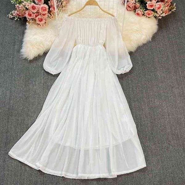 white chiffon long dress women elegant slash neck puff sleeve big swing vestidos female off shoulder robe summer 210426, Black;gray
white chiffon long dress women elegant slash neck puff sleeve big swing vestidos female off shoulder robe summer 210426, Black;gray