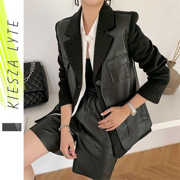 black wool coat autumn winter fashion patchwork pu leather thick suit blazer lady jackets outerwear 211122, White;black
black wool coat autumn winter fashion patchwork pu leather thick suit blazer lady jackets outerwear 211122, White;black