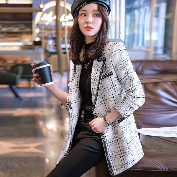 

women's suits & blazers vintage plaid women notched collar blazer long sleeve elegant jacket add cotton to thicken ladies casual coat, White;black