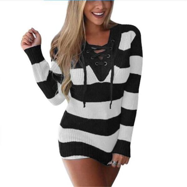 women's sweaters wkoud 2021 winter striped sweater women fashion deep v-neck drawstring knitted pullovers long colorful knitwear y8099, White;black
women's sweaters wkoud 2021 winter striped sweater women fashion deep v-neck drawstring knitted pullovers long colorful knitwear y8099, White;black