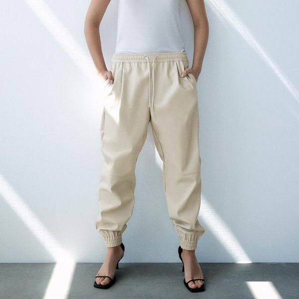 women's pants & capris elina casual beige pu leather women fashion loose elastic waist trousers elegant ankle banded female ladies id, Black;white
women's pants & capris elina casual beige pu leather women fashion loose elastic waist trousers elegant ankle banded female ladies id, Black;white