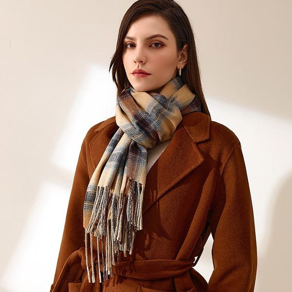 scarves winter warm tassel scarf for women plaid print shawls wraps pashmina feel foulard female stole soft blanket, Blue;gray