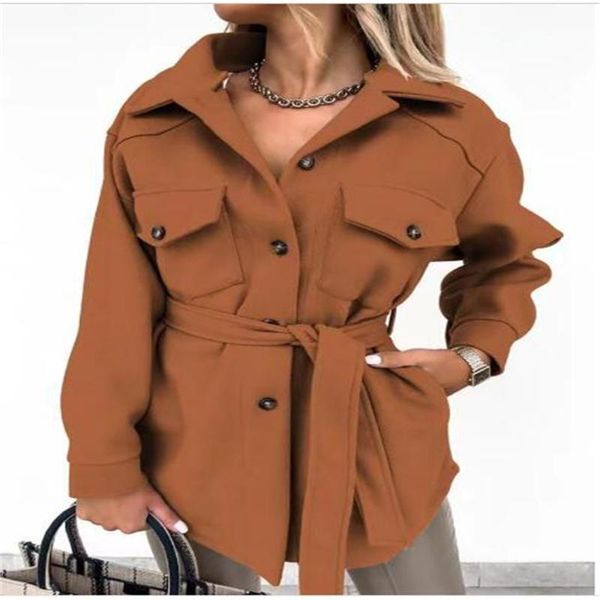 women's jackets autumn2021 korean version women pure color lapel single-breasted pocket long sleeve casual loose lace-up woollen cloth, Black;brown
women's jackets autumn2021 korean version women pure color lapel single-breasted pocket long sleeve casual loose lace-up woollen cloth, Black;brown