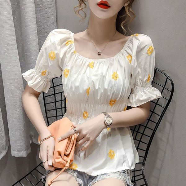 women's blouses & shirts summer women shirt short puff sleeve slim elastic square collar printed flowers feminine sweet overshirt, White
women's blouses & shirts summer women shirt short puff sleeve slim elastic square collar printed flowers feminine sweet overshirt, White