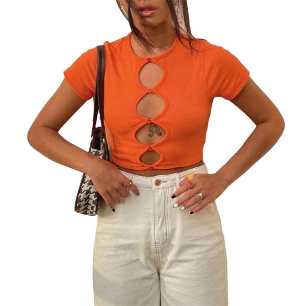 women's t-shirt chic fashion summer orange round collar hollow out button crop streetwear short sleeve ribbed tees, White
women's t-shirt chic fashion summer orange round collar hollow out button crop streetwear short sleeve ribbed tees, White
